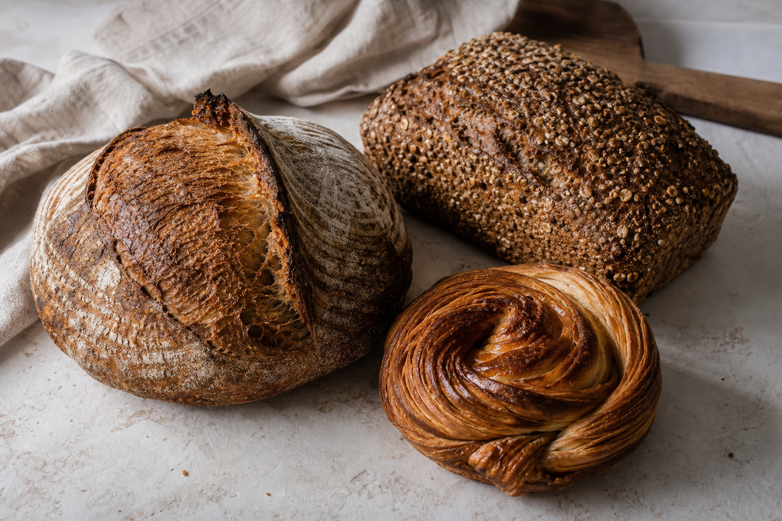 Country sourdough, seeded rye and laminated morning bun