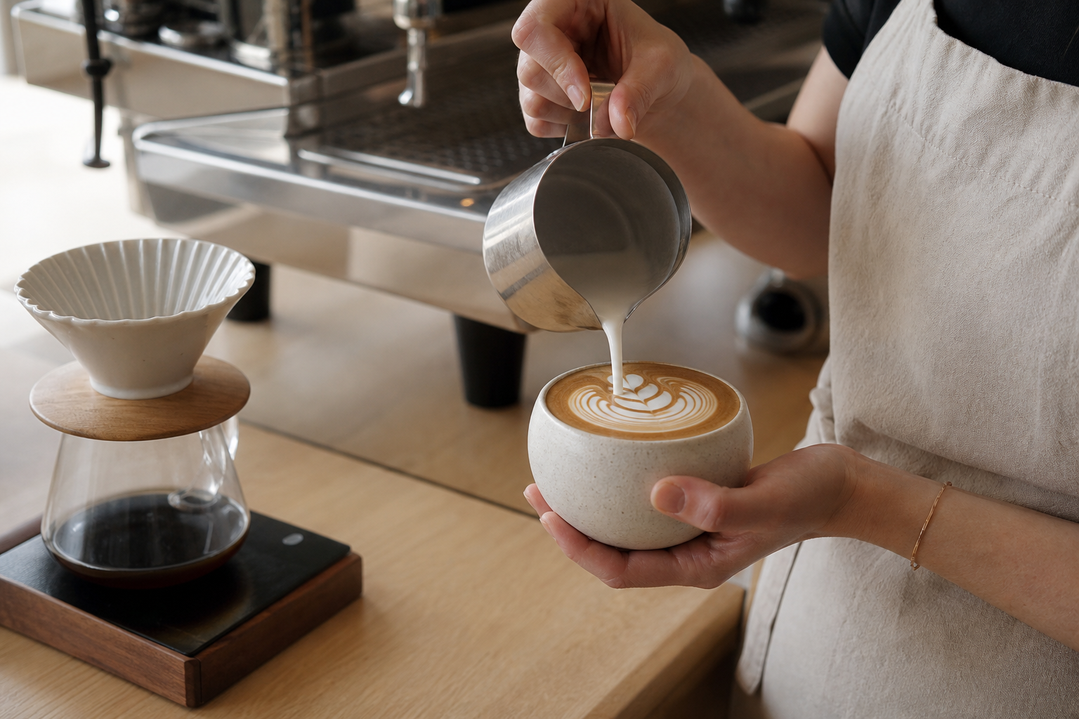 Barista pouring latte art beside filter coffee