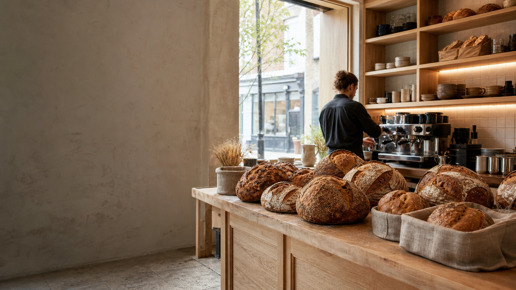 Artisan sourdough bread and coffee counter in a warm Islington bakery