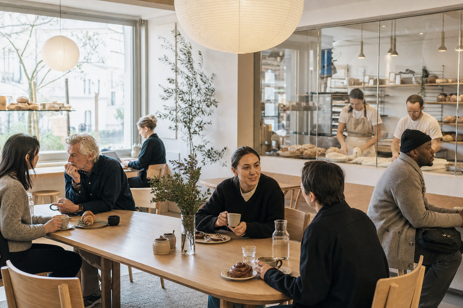 Neighbours sharing coffee and pastries in the bakery